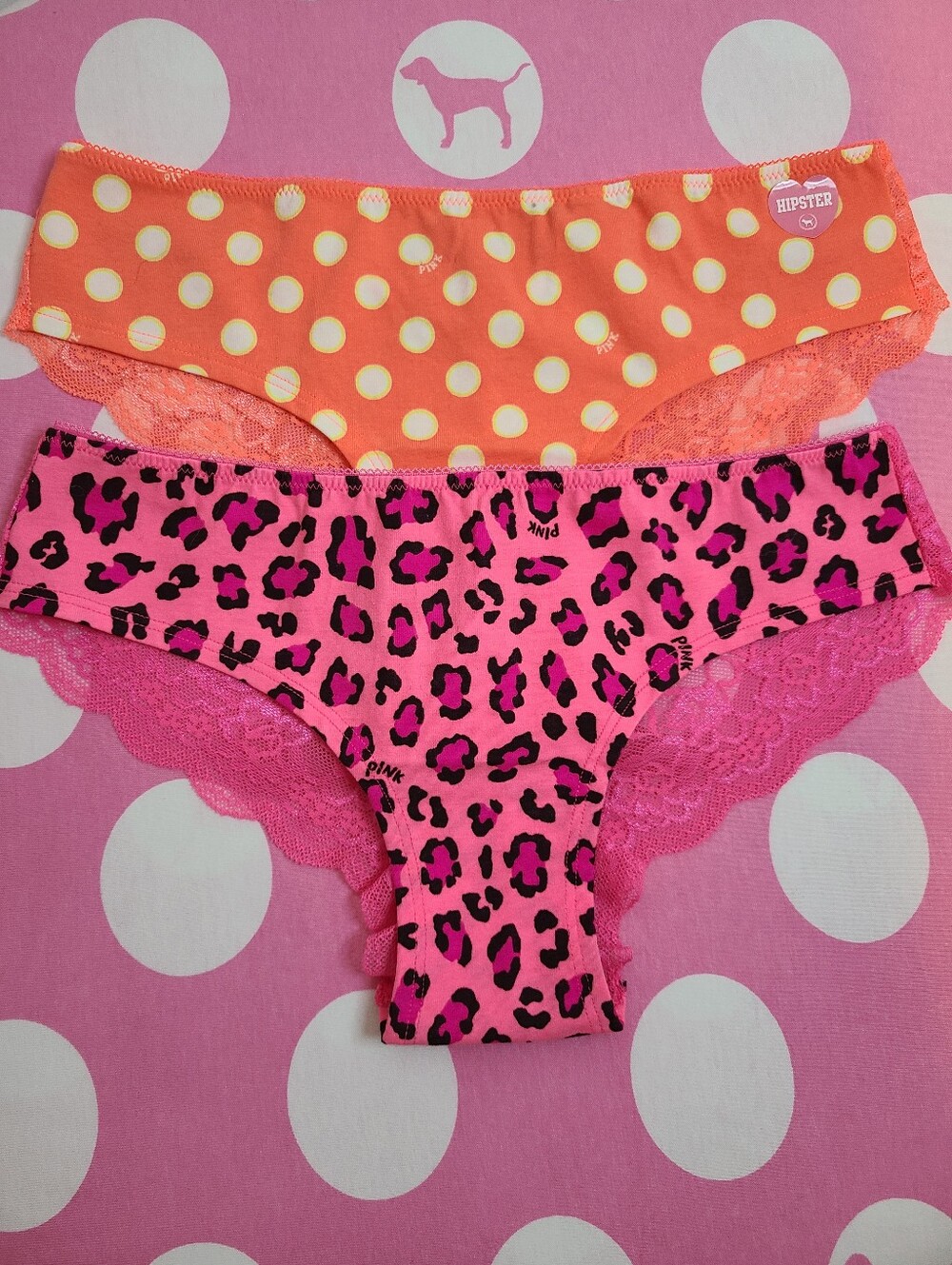 VTG VS PINK 2pk Graphic Cotton Lace Back Low Rise Hipster Panties Size Sm